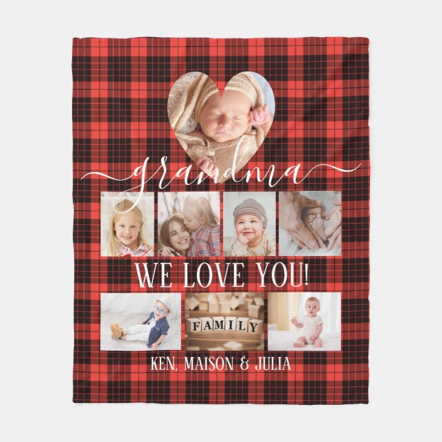 Red Plaid 8 Photo Collage Gift Personalized  Fleece Blanket (Front)