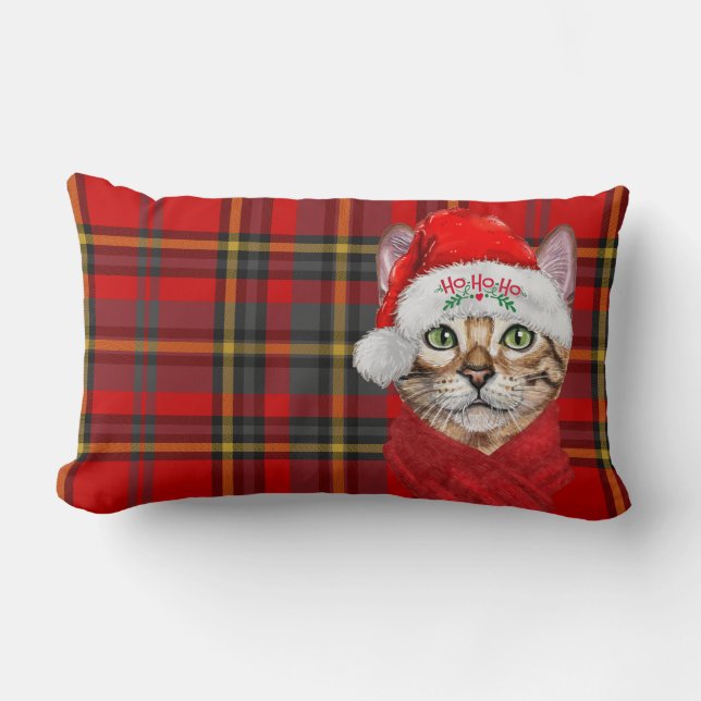 Red Plaid Abyssinian Christmas Cat Holiday Lumbar Pillow (Front)