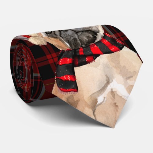 Red Plaid and a Cute French Bulldog Christmas Neck Tie