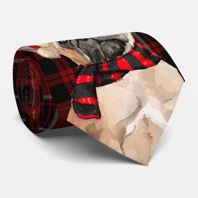 Red Plaid and a Cute French Bulldog Christmas Neck Tie (Rolled)