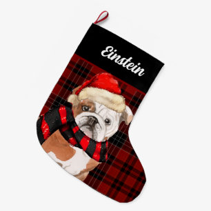 Red Plaid and an English Bulldog with Dog's Name Large Christmas Stocking