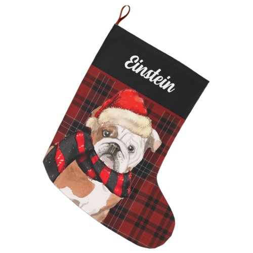 Red Plaid and an English Bulldog with Dogs Name Large Christmas Stocking