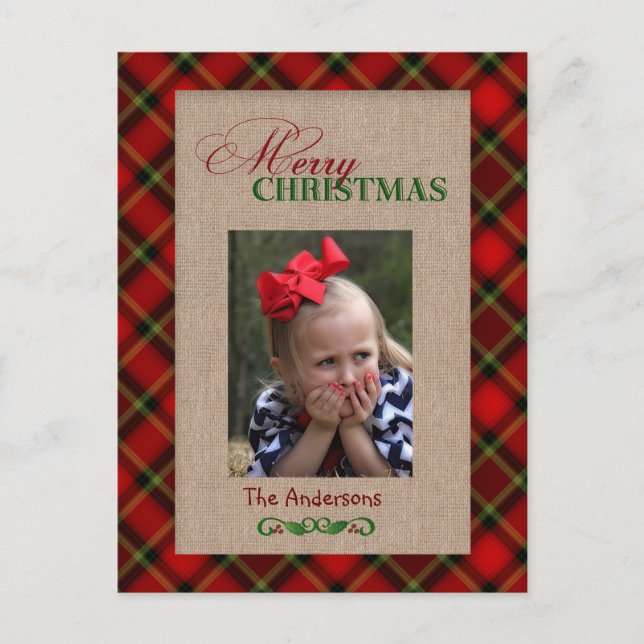 Red Plaid and Burlap Christmas Photo Card (Front)