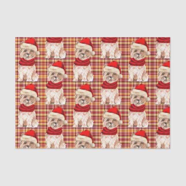 Red Plaid and Christmas Cairn Dog Lover Holiday Tissue Paper (Front)