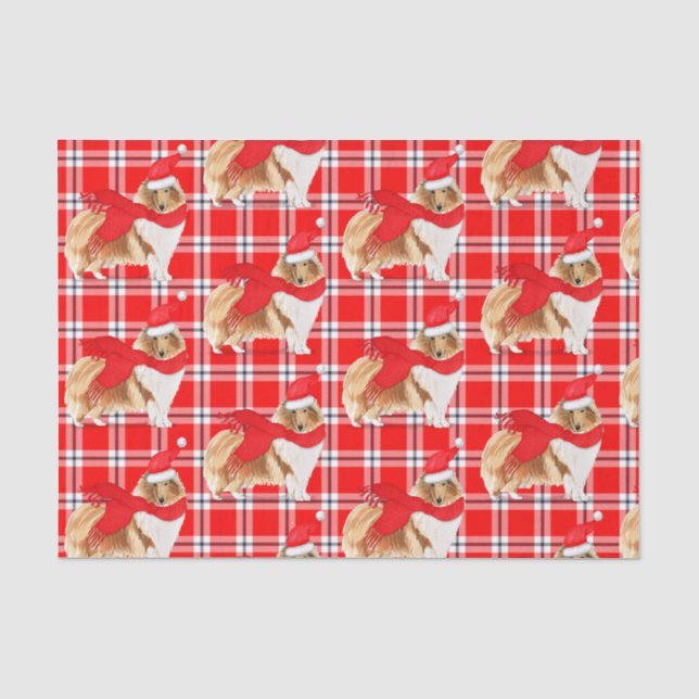 Red Plaid and Christmas Rough Collie Lover Holiday Tissue Paper (Front)