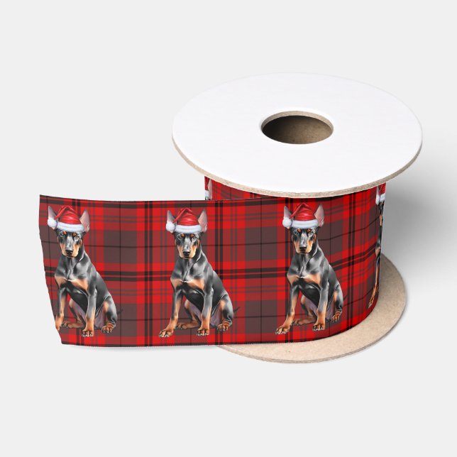 Red Plaid and Doberman Pinscher Dog Christmas Satin Ribbon (Spool)