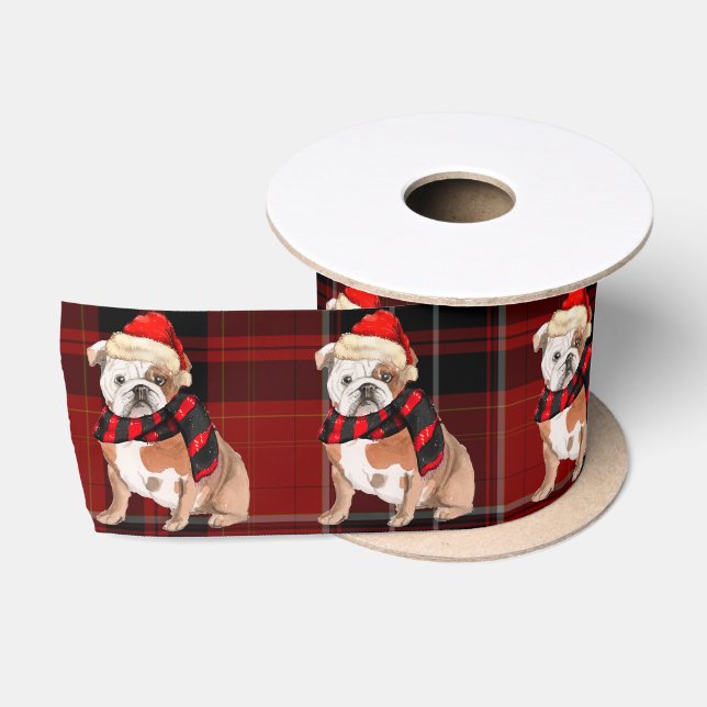 Red Plaid and English Bulldog Christmas Satin Ribbon (Spool)