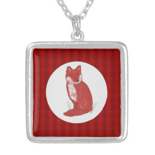 Red Plaid and Fox Illustration Necklace