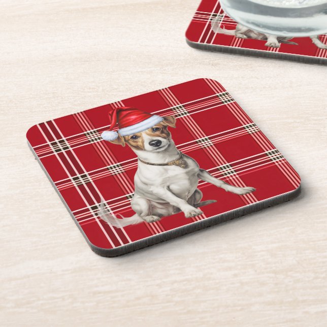 Red Plaid and Jack Russell Terrier Dog Christmas Beverage Coaster (Left Side)