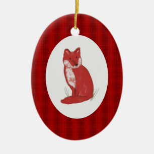 Red Plaid and Pastel Fox Illustration Ornament