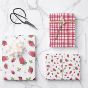 Red Plaid and Strawberries Wrapping Paper Sheets