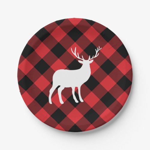 Red Plaid and White Stag  Holiday Paper Plates