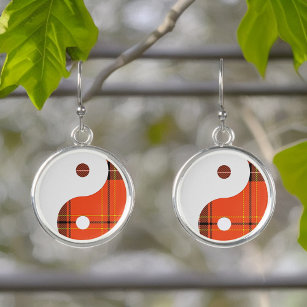 Red Plaid and White Yin Yang Earrings