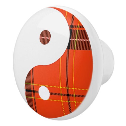 Red Plaid and White Yin Yang Holiday Ornament Ceramic Knob