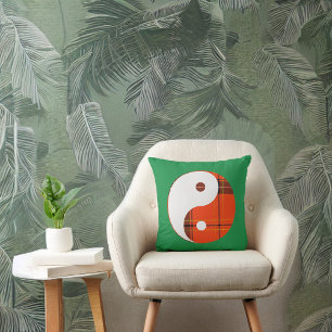 Red Plaid and White Yin Yang on Green Throw Pillow