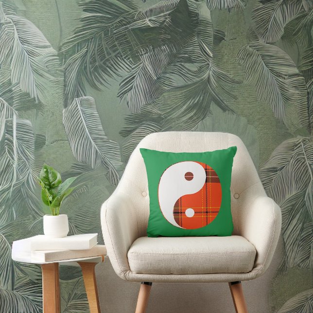Red Plaid and White Yin Yang on Green Throw Pillow (Creator Uploaded)