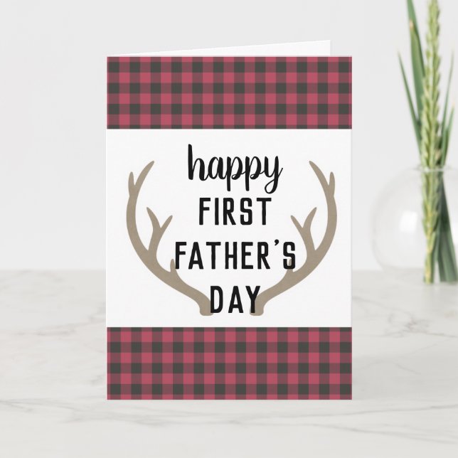 Red Plaid Antlers Rustic Happy First Father's Day Card (Front)