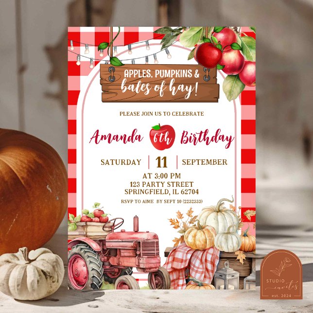Red Plaid Apple Pumpkin and Bales of Hay  Invitation (Creator Uploaded)
