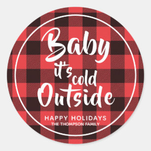 Red Plaid Baby It's Cold Outside Classic Round Sticker