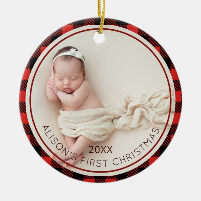 Red Plaid Baby Photo Baby's 1st Christmas Ceramic Ornament (Front)
