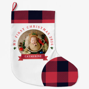 Red Plaid Baby's First Christmas 1 Photo Christmas Large Christmas Stocking