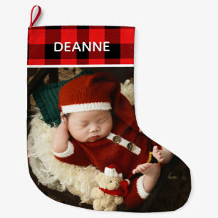 Red Plaid Baby's First Christmas 1 Photo Large Christmas Stocking