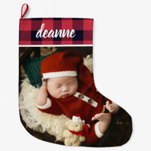 Red Plaid Baby's First Christmas 1 Photo Large Christmas Stocking