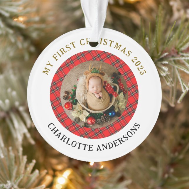 Red Plaid Baby's First Christmas Custom Name Ornament (Tree)