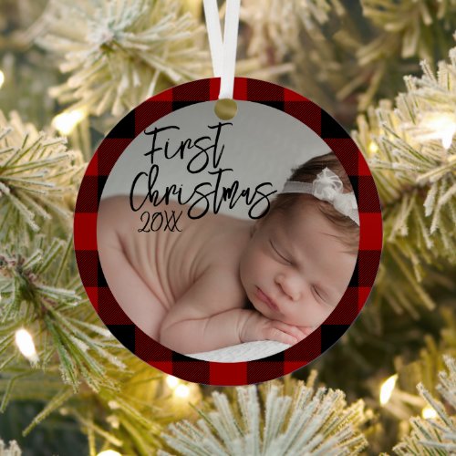 Red Plaid Babys First Christmas  Metal Ornament