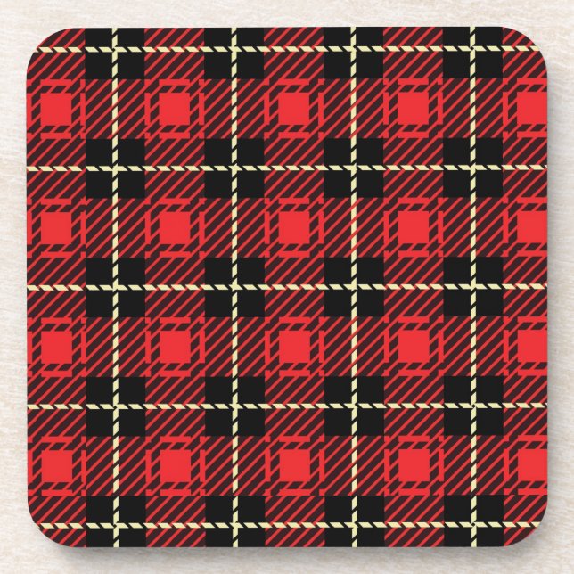 Red Plaid Background Beverage Coaster (Front)