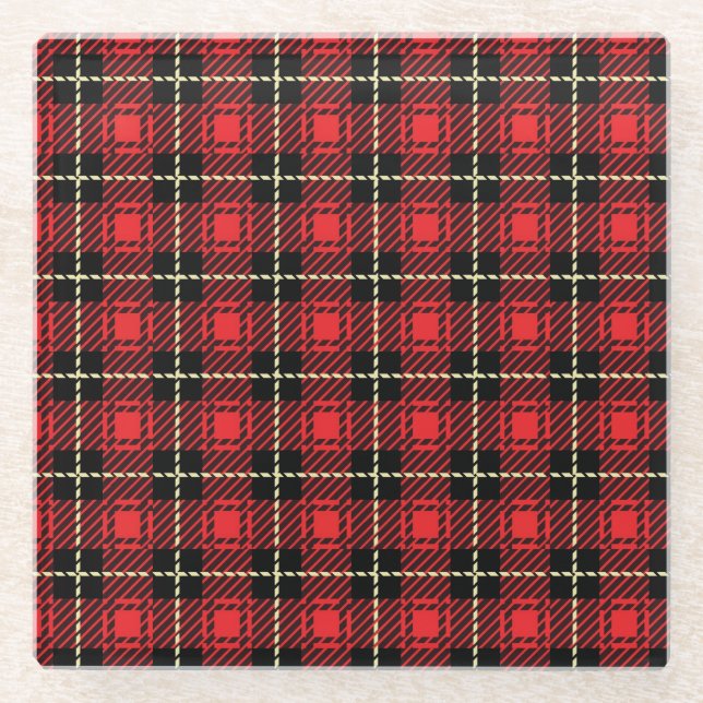 Red Plaid Background Glass Coaster (Front)