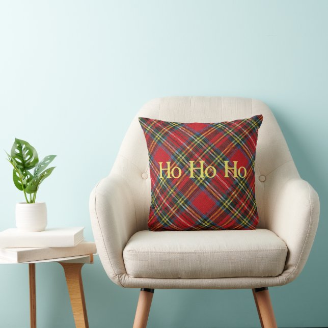 Red Plaid Background HoHoHo Gold Letters Throw Pillow (Chair)