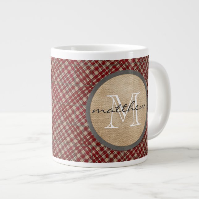 Red Plaid Background monogram Giant Coffee Mug (Front Right)