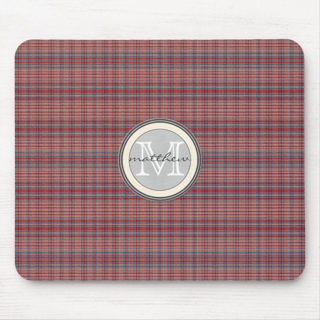 Red Plaid Background monogram Mouse Pad (Front)