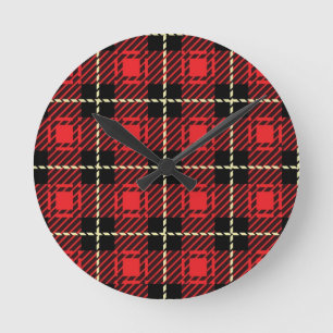 Red Plaid Background Round Clock