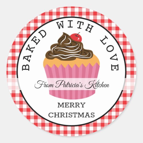 Red Plaid Baked With Love Christmas Cupcakes Classic Round Sticker