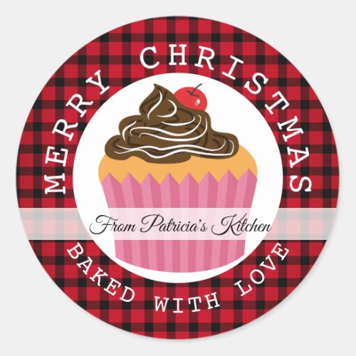 Red Plaid Baked With Love Merry Christmas Cupcakes Classic Round Sticker