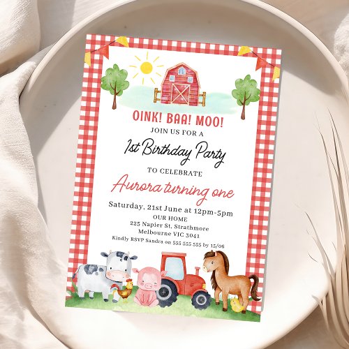 Red Plaid Barn Farm Animals Birthday Invitation