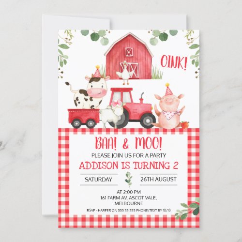 Red Plaid Barn Tractor Farm Birthday Invitation