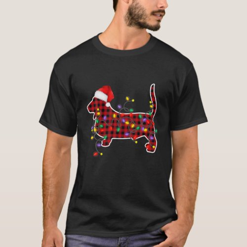 Red Plaid Basset Hound Dog Christmas Lights Pajama T_Shirt