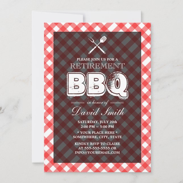 Red Plaid BBQ Retirement Party Invitations (Front)