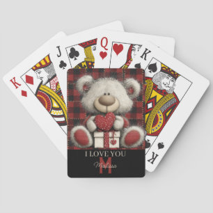 Red Plaid Bear I Love You Custom Name Monogram Poker Cards