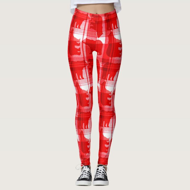 Red plaid bears pattern leggings (Front)