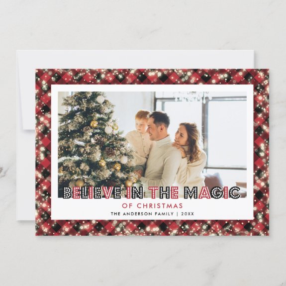 Red Plaid Believe In The Magic Of Christmas Photo Card
