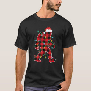 Red Plaid Bigfoot Christmas Lights Sasquatch Santa T-Shirt