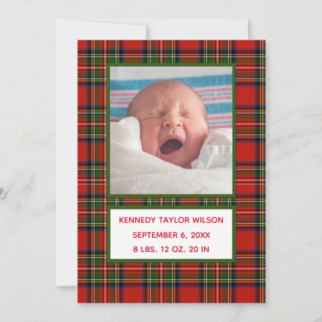 Red Plaid Birth Announcement Card (Front)