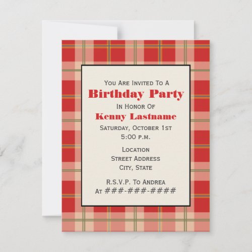 Red Plaid Birthday Party Invitation