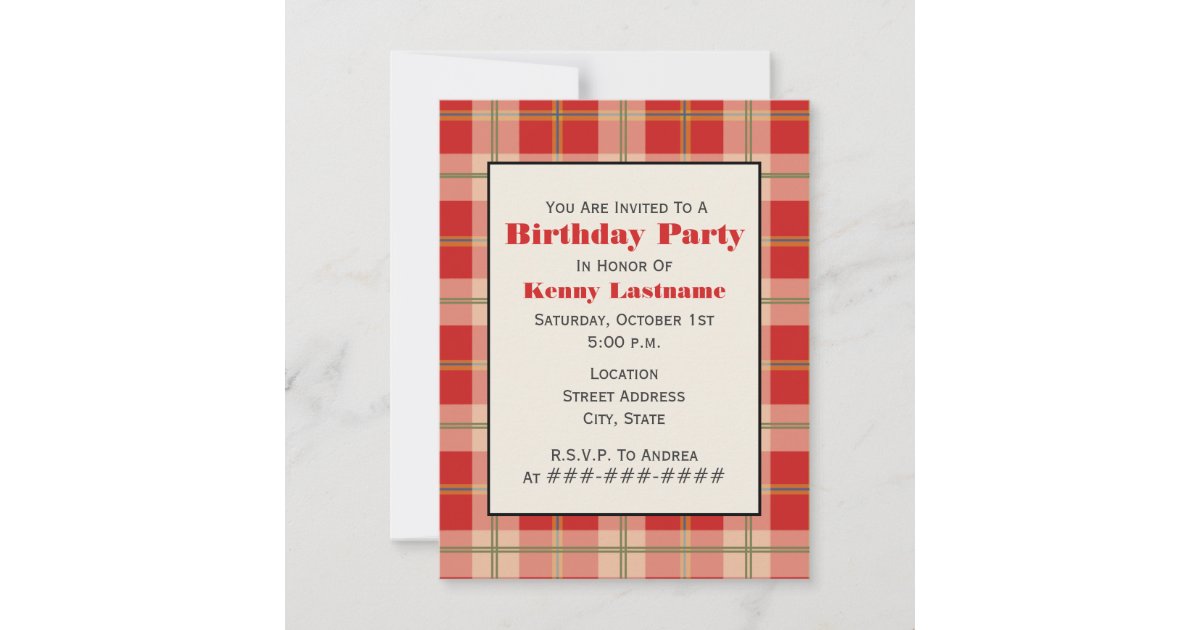 Red Plaid Birthday Party Invitation | Zazzle