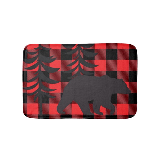 Red Plaid Black Bear Silhouette Bath Mat (Front)