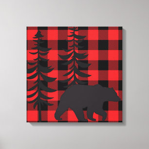 Red Plaid Black Bear Silhouette Canvas Print
